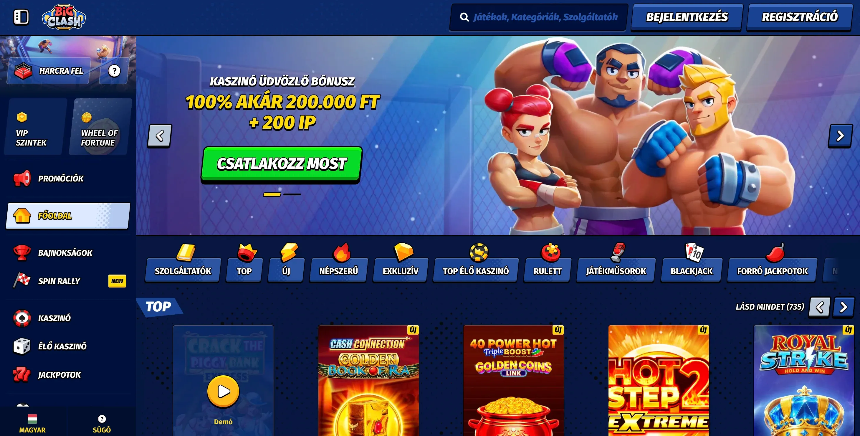 A BigClash casino honlapja